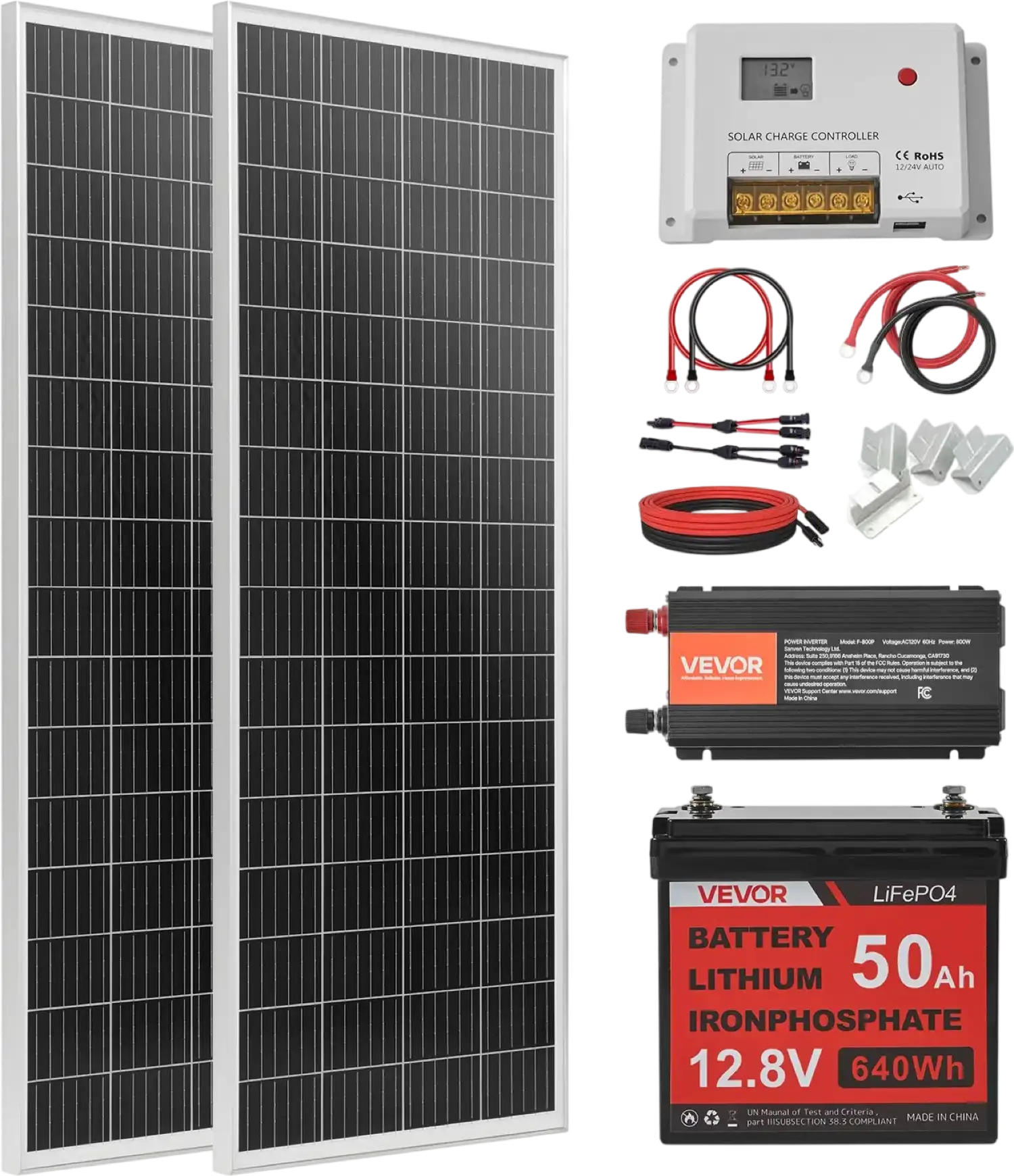 Inv Panel Vevor Solar Power Kit 200W 12V with 2 100W Panels LFP Battery 800W Inv ...