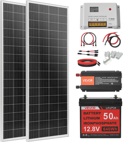 Vevor Solar Power Kit 200W 12V with 2 100W Panels LFP Battery 800W Inverter New