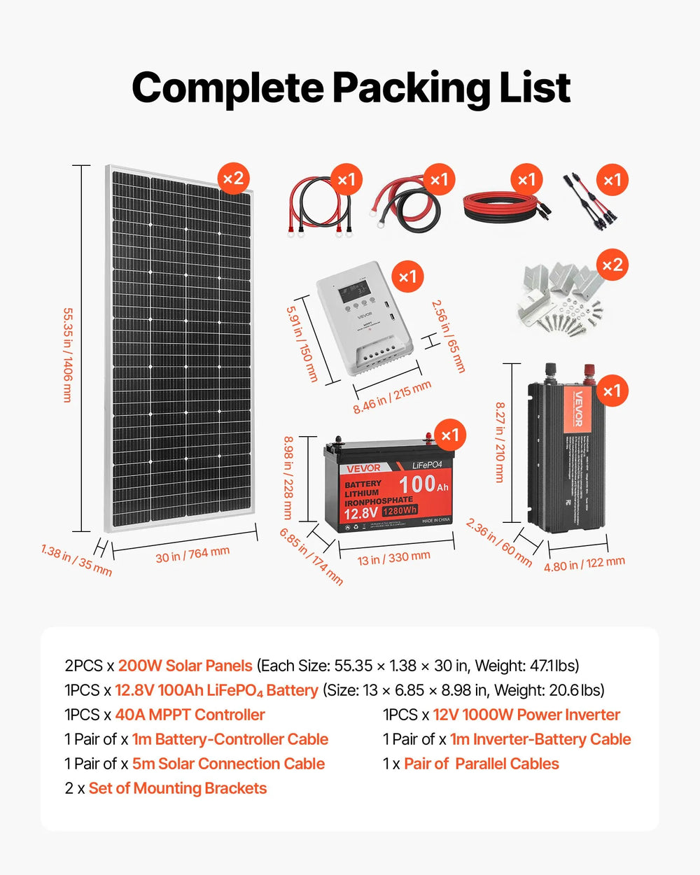 Vevor Solar Power Kit 400W 12V with 2 Solar Panels LFP Battery MPPT Controller Power Inverter New