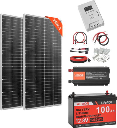 Vevor Solar Power Kit 400W 12V with 2 Solar Panels LFP Battery MPPT Controller Power Inverter New