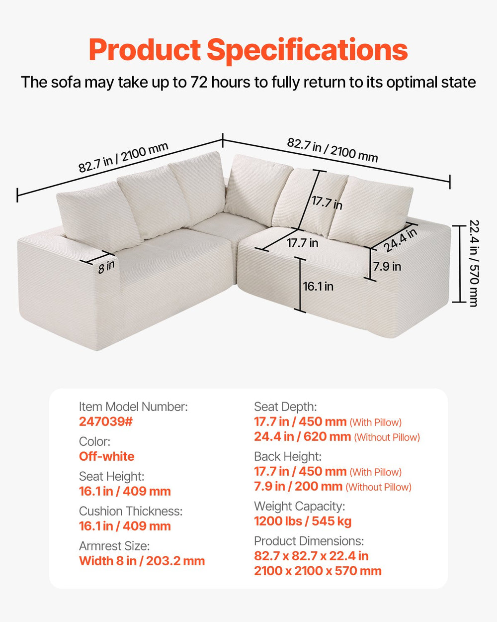 Vevor Modular Sectional Sofa L-Shape Couch with Corduroy and Cushion New