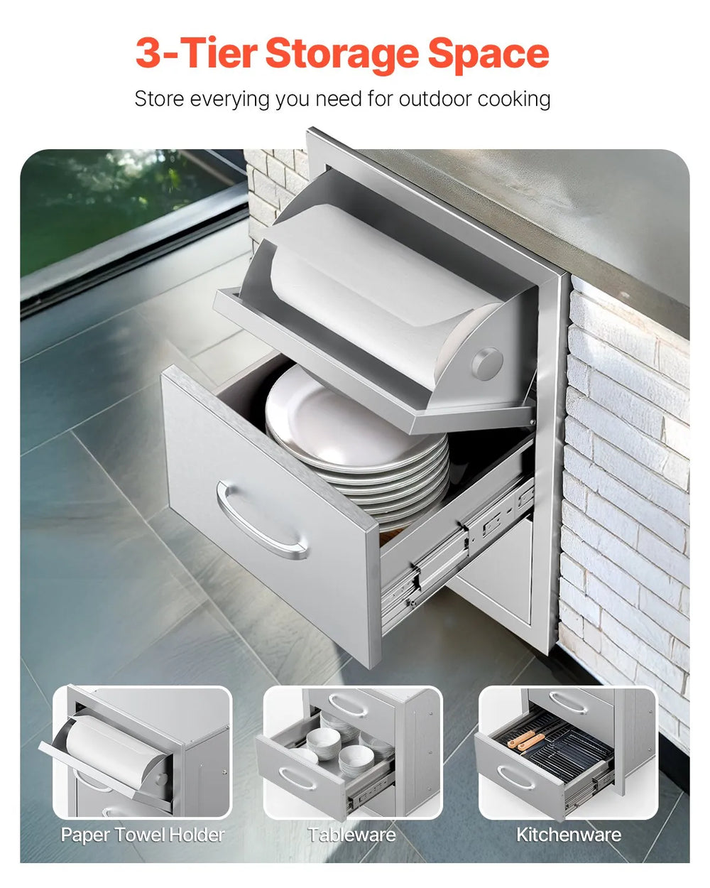 Vevor Outdoor Kitchen Drawers 16.5 x 20.5 x 29 in. with Paper Towel Holder Stainless Steel New