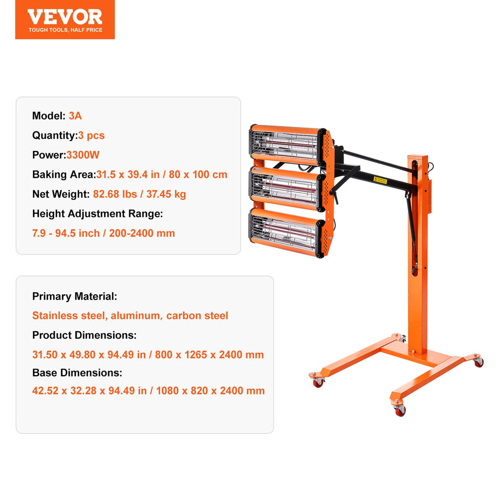 Vevor Paint Curing Lamp Infrared 3300W Triple-Head for Automotive Drying New