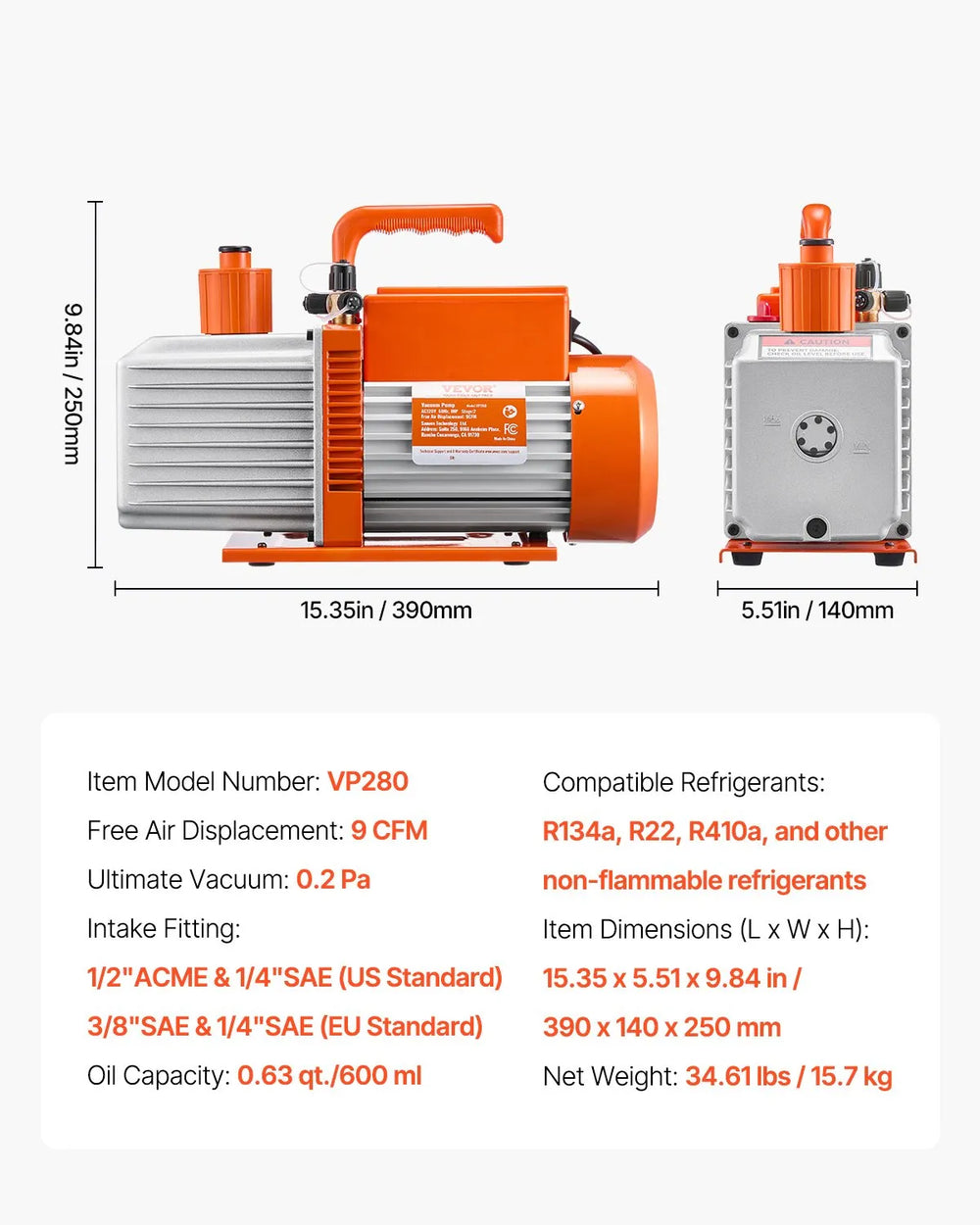 Vevor Vacuum Pump 2-Stage Rotary Vane 9 CFM 1HP Portable New