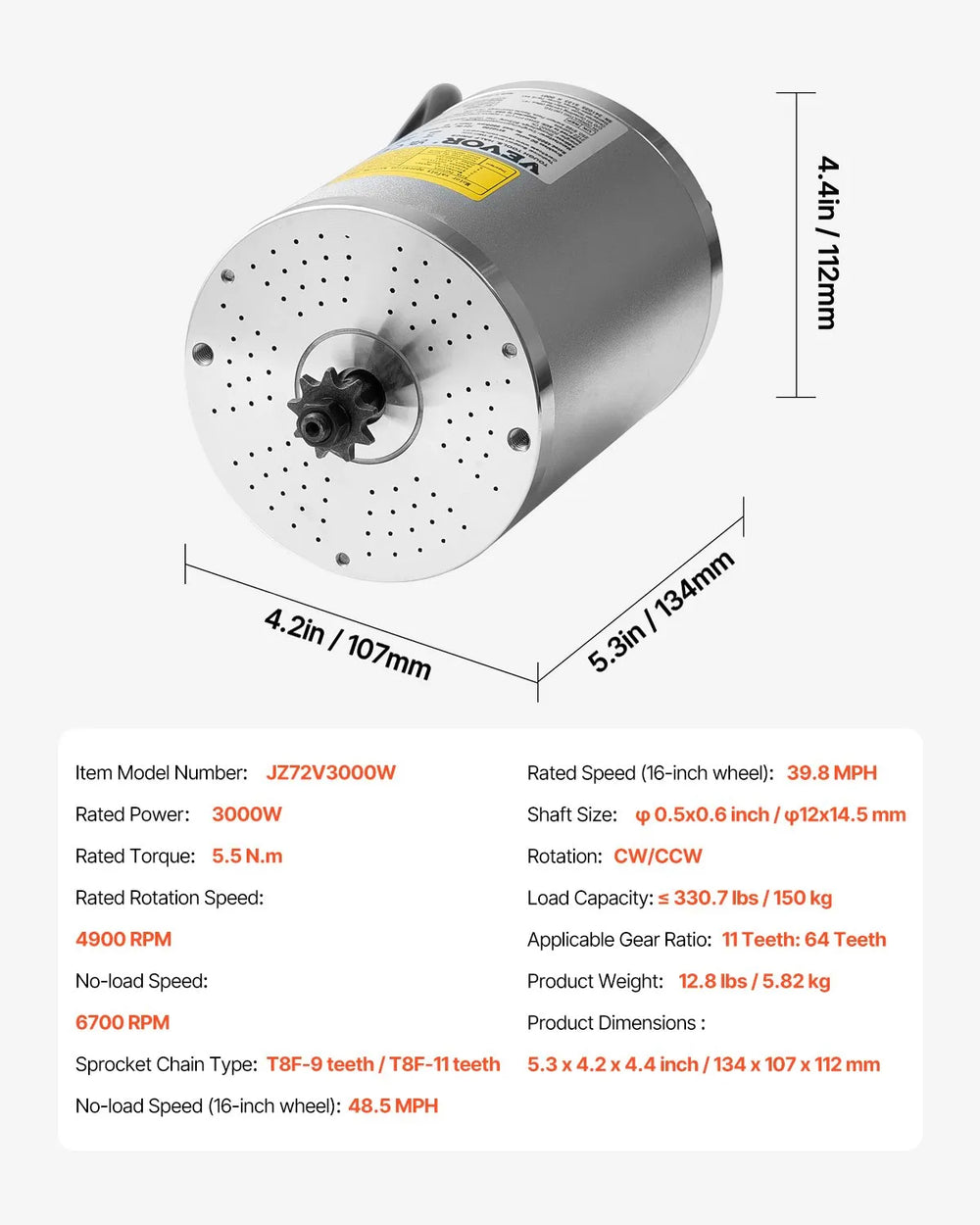 Vevor Brushless DC Motor Kit with Upgraded Controller 3000W 72V 4900 RPM New
