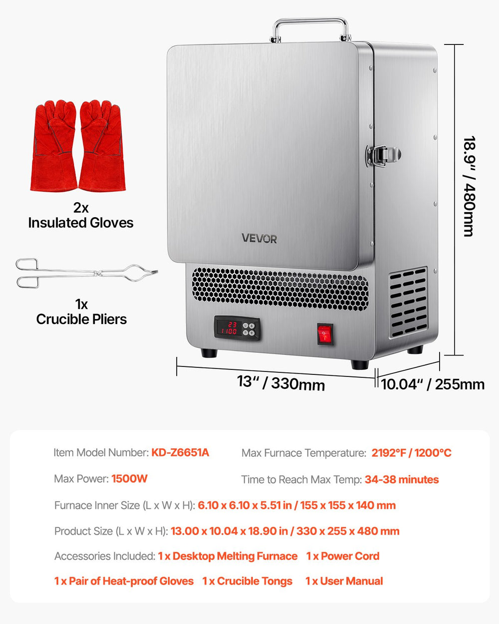 Vevor Electric Kiln Melter 2192°F Max Temp Stainless Steel 9-Stage Temp Control 1500W New