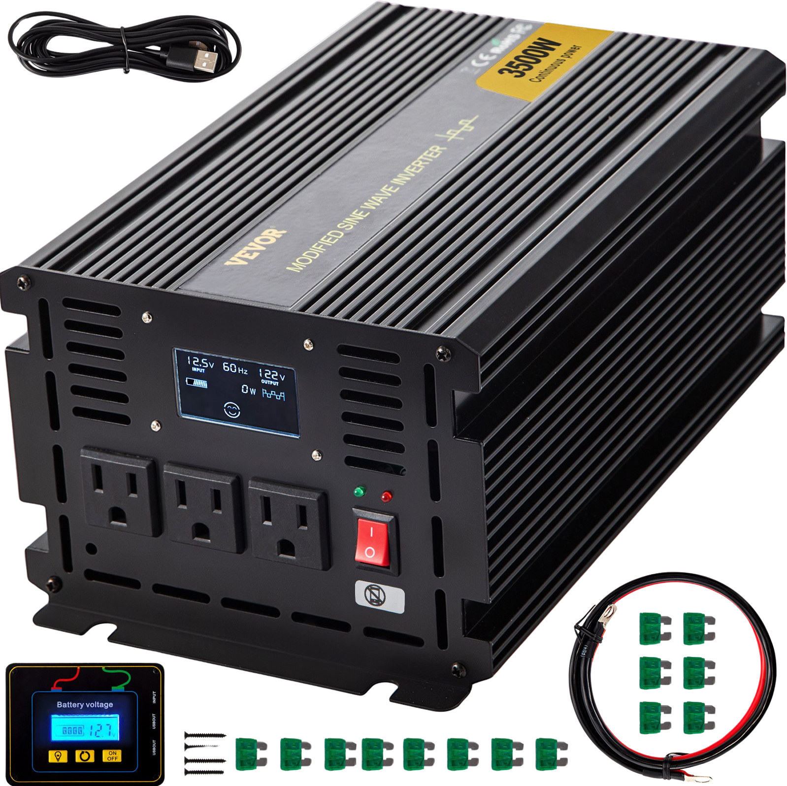 Vevor Modified Sine Wave Inverters 3500W DC 12V to AC 120V w/ LCD Display and Remote Controller New