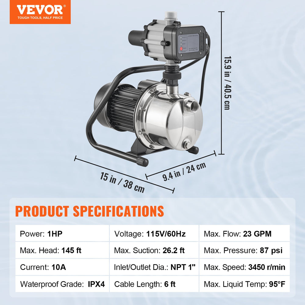 Vevor Shallow Well Pump Portable Jet Pump with Auto Controller 1HP 23GPM New