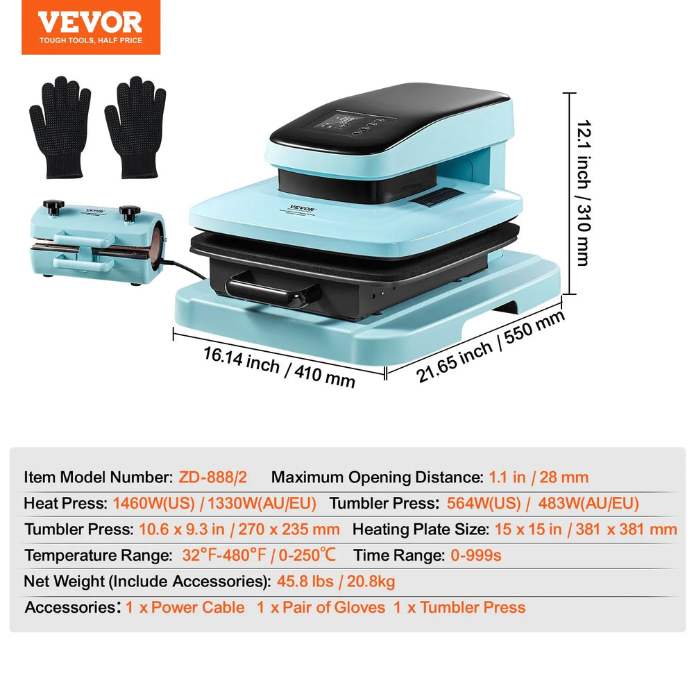 Vevor Auto Heat Press Machine 2-in-1 Tumbler Kit 15 x 15 in. with Auto Release New