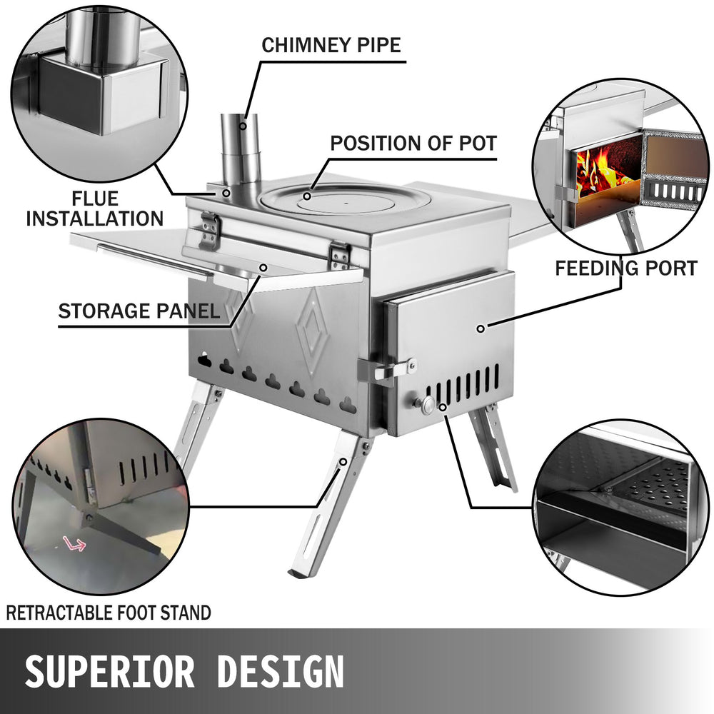 Vevor Tent Wood Stove 17.5" x 14.7" x 10.6" Stainless Steel Portable with Folding Pipe New