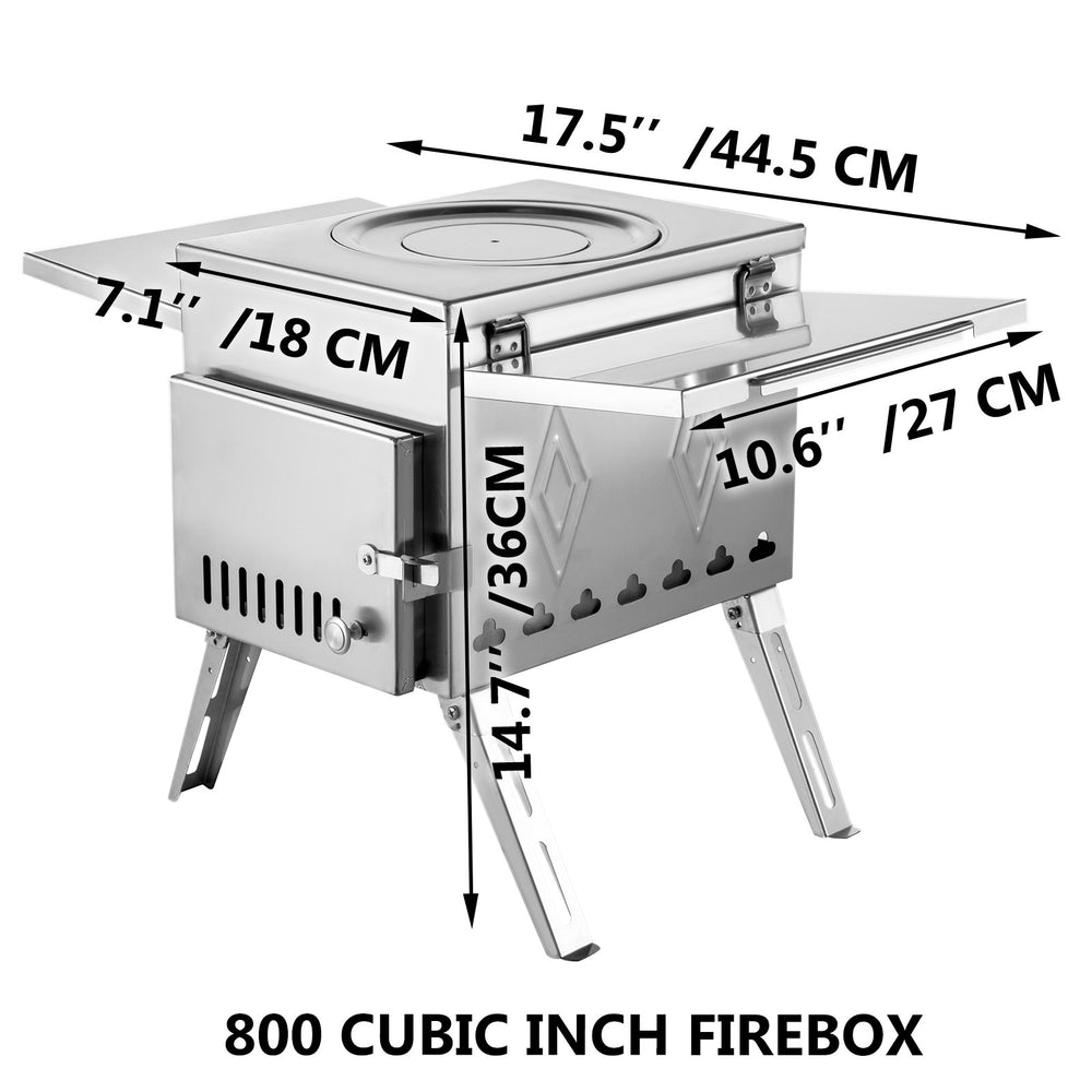 Vevor Tent Wood Stove 17.5" x 14.7" x 10.6" Stainless Steel Portable with Folding Pipe New