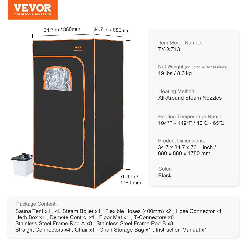 Vevor Sauna Steam Tent Portable Full Size with Chair & Steam Boiler 1600W New