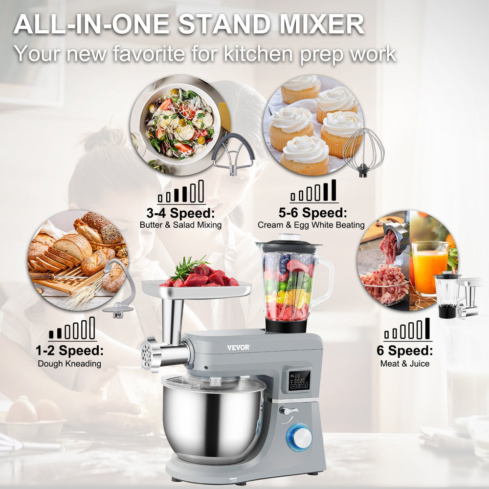 Vevor Stand Mixer 5-in-1 Tilt-Head 6-Speed LCD Screen with Juicer & Meat Grinder 660W New