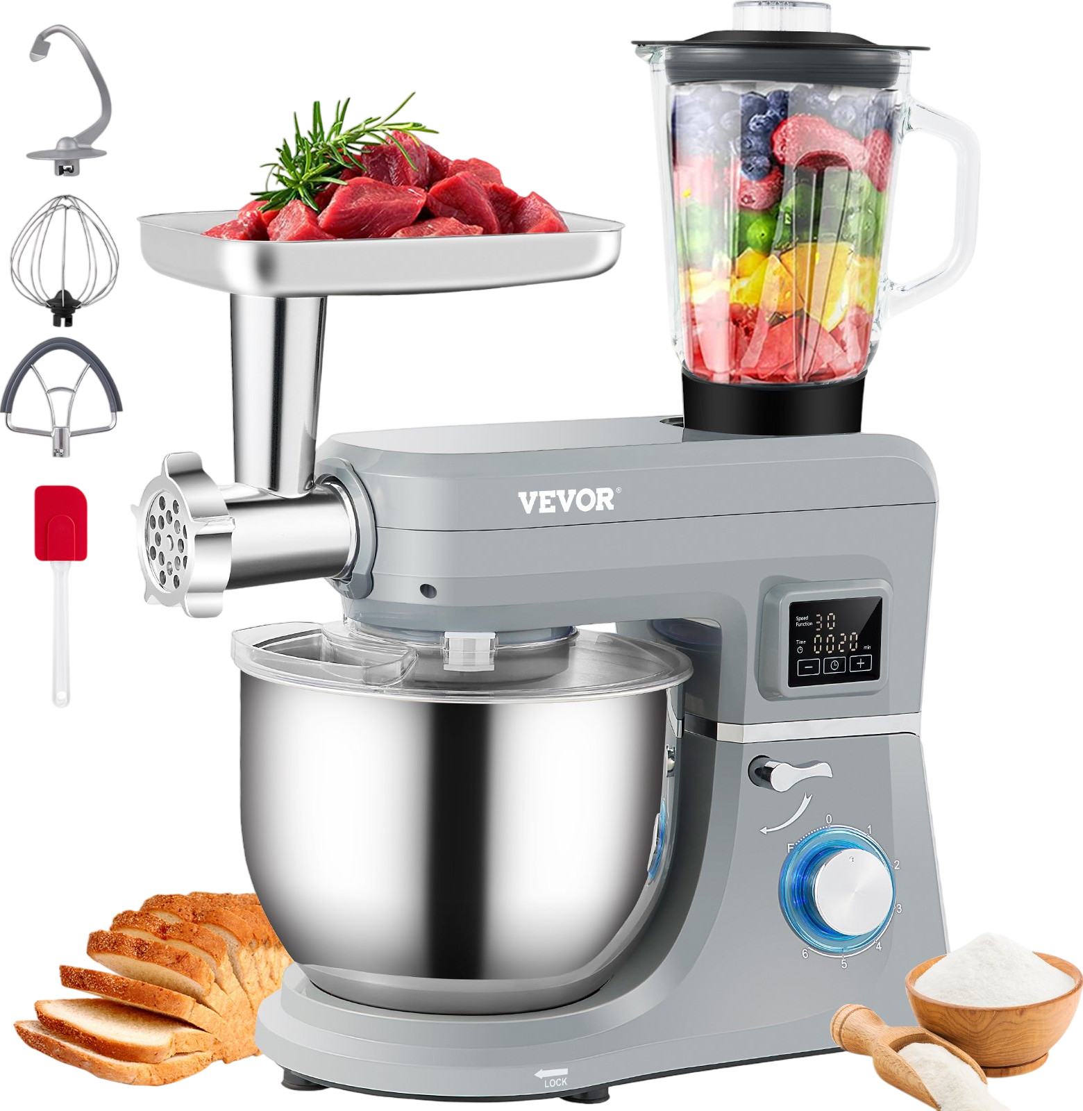 Vevor Stand Mixer 5-in-1 Tilt-Head 6-Speed LCD Screen with Juicer & Meat Grinder 660W New