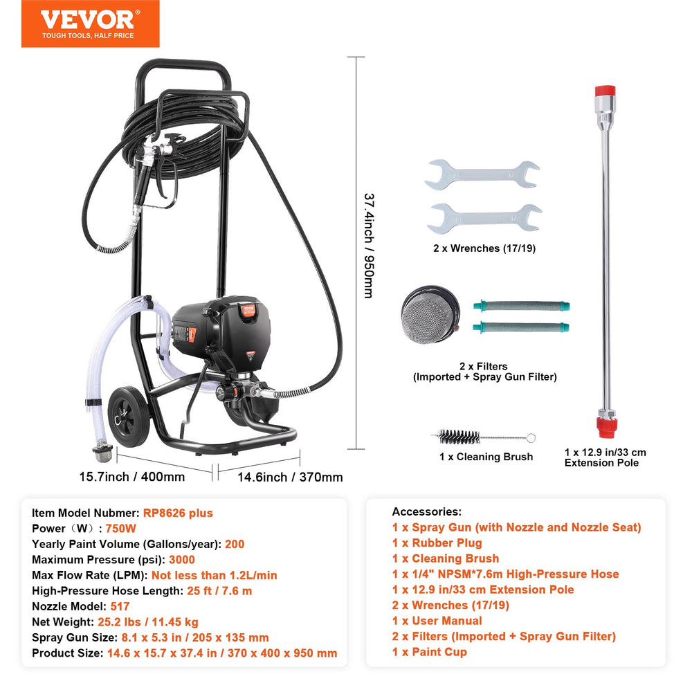 Vevor Airless Paint Sprayer with Wheeled Cart 1.2L/min Flow Rate 750W 3000PSI Max Pressure New