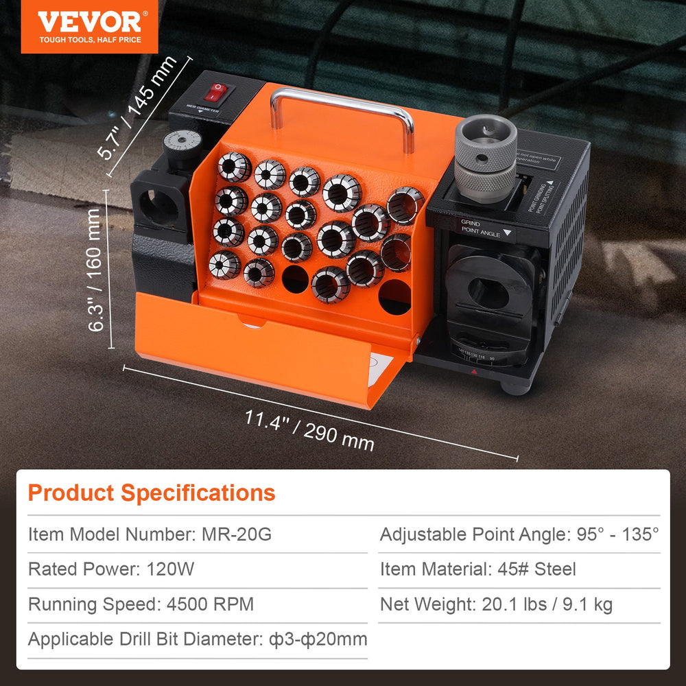 Vevor MR-20G Drill Bits Sharpener 3-20mm Grinder with 18 Collets CBN & SDC Grind Wheels New