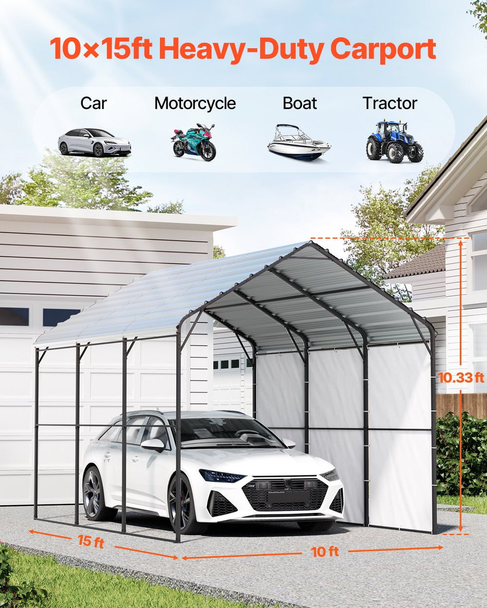 Vevor Metal Carport Heavy Duty Garage Shelter 10 x 15 FT with Removable Sidewall New