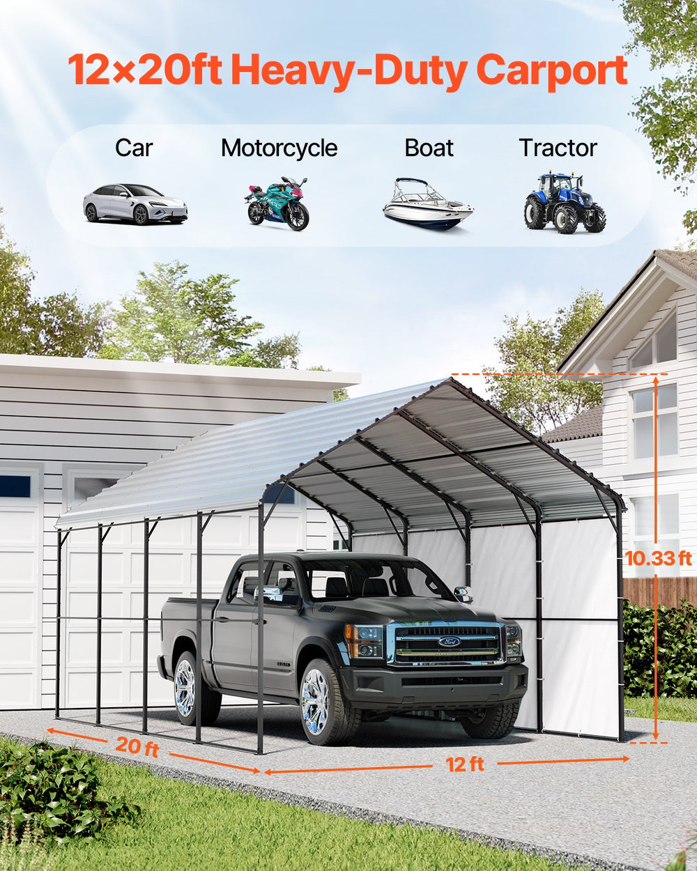 Vevor Metal Carport Heavy Duty Garage Shelter 12 x 20 FT with Removable Sidewall New