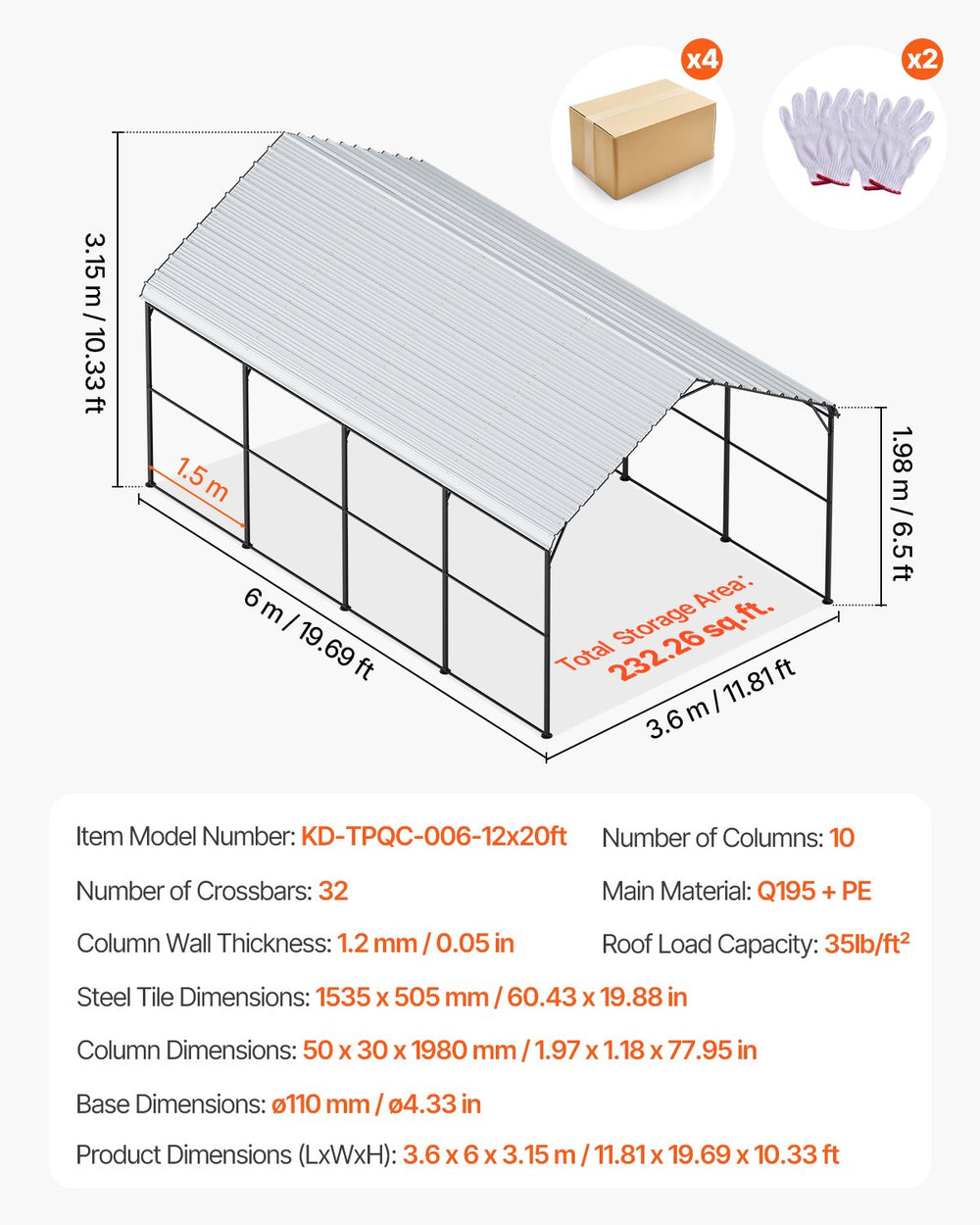 Vevor Metal Carport Heavy Duty Garage Shelter 12 x 20 FT with Removable Sidewall New