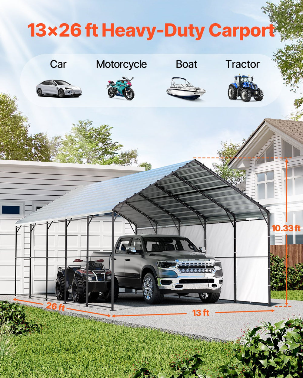 Vevor Metal Carport Heavy Duty Garage Shelter 13 x 26 FT with Removable Sidewall New