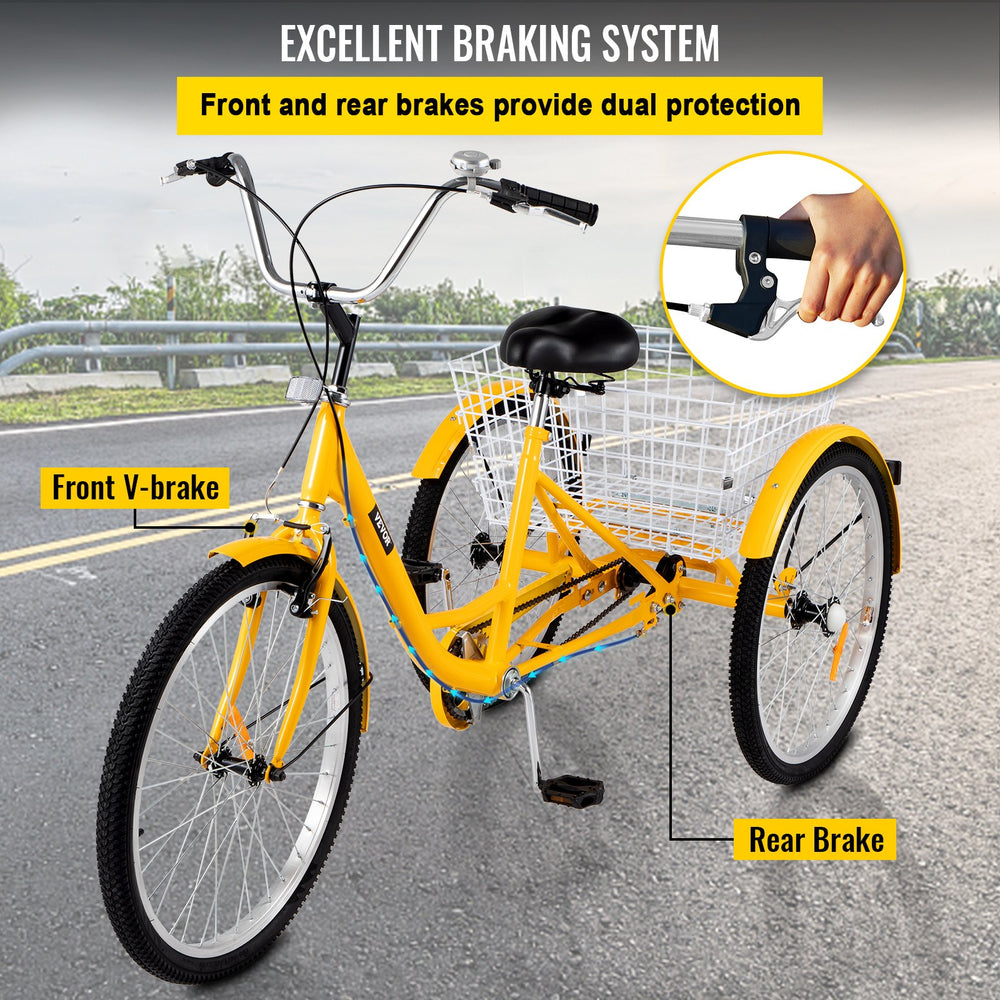 Vevor Adult Tricycle 24" 1-Speed Cruiser Bike with Bell and Basket Yellow New