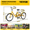 Vevor Adult Tricycle 24" 1-Speed Cruiser Bike with Bell and Basket Yellow New