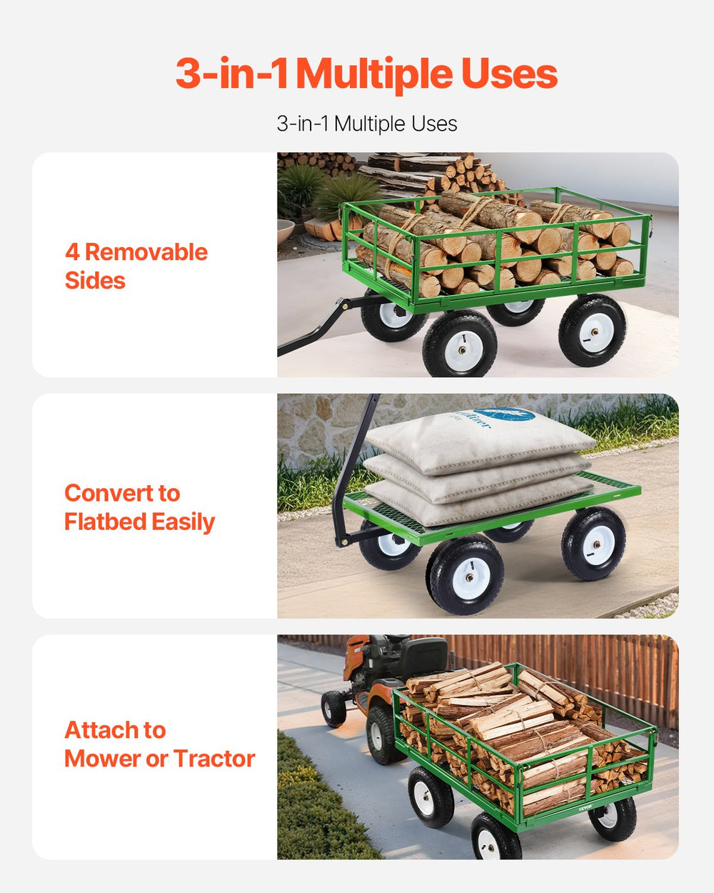 Vevor Steel Garden Cart 1200 lbs Capacity Utility Wagon with Removable Sides New