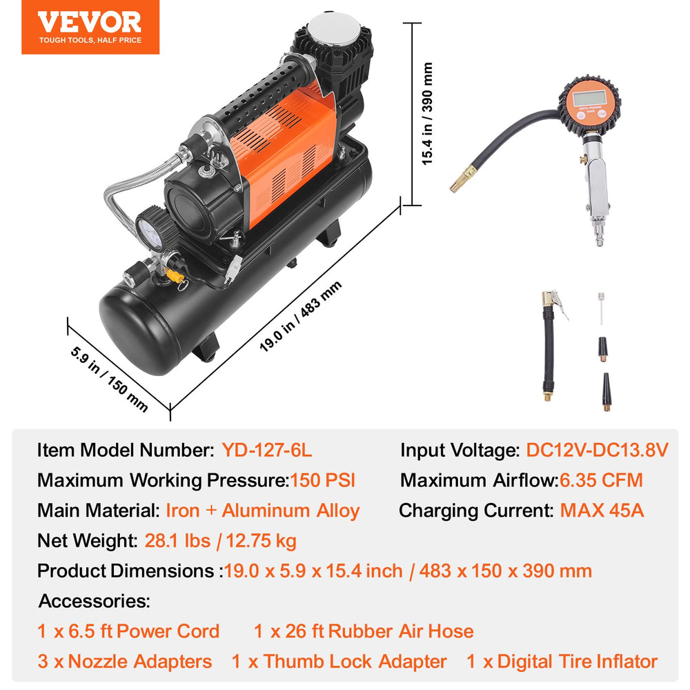 Vevor Portable Tire Inflator 150 PSI Air Compressor & 6L Tank 6.35CFM 12V New