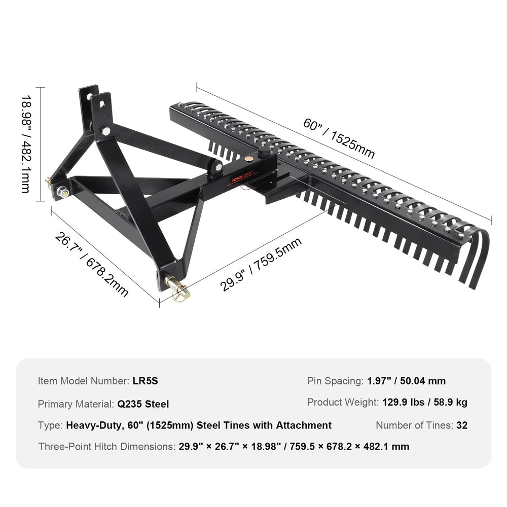 Vevor Tow Behind Landscape Rake 60" Dethatcher 32 Steel Tines with 3-Point Connector New