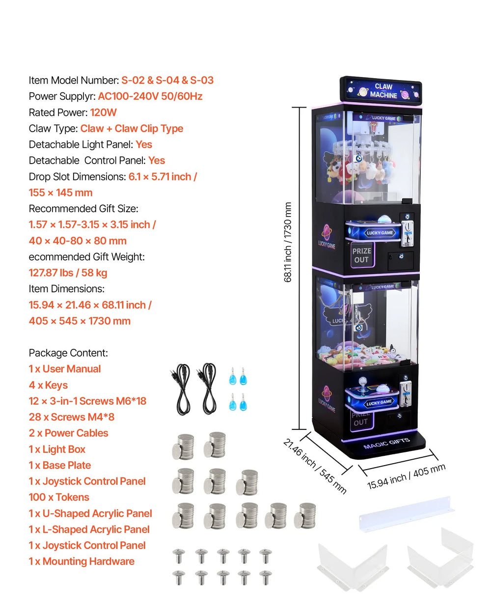 Vevor Claw Crane Machine Double Layer Prize Dispenser Adjustable Difficulty New