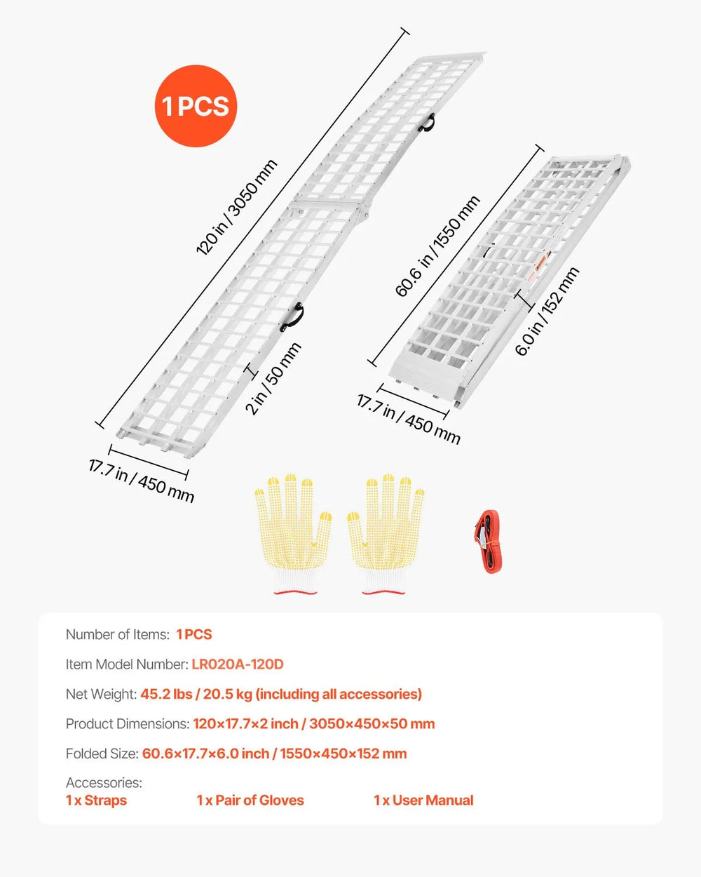 Vevor Aluminum Loading Ramp 120" x 17.7" Heavy-Duty with Handles 1000 Lbs New