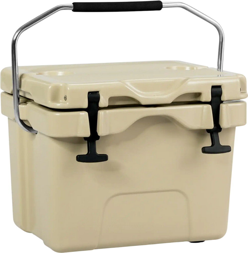 16-quart insulated ice cooler in khaki with reinforced latches and 2 cup holders, ideal for camping and picnics.
