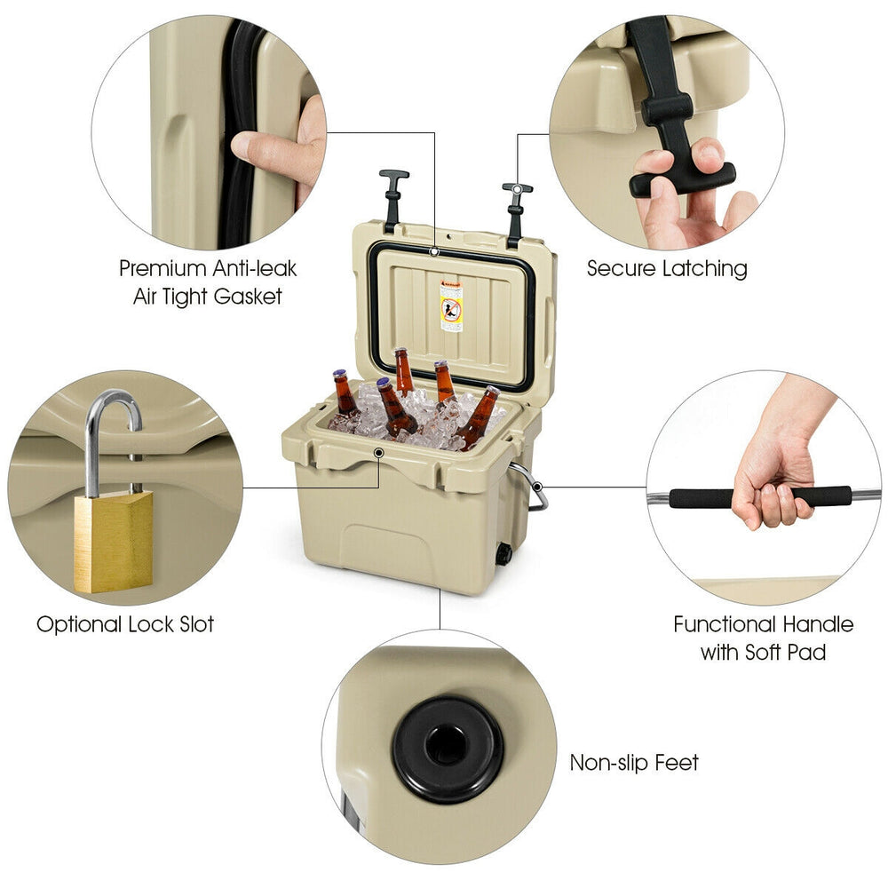 16 Quart insulated ice cooler in khaki with secure latching, cup holders, and non-slip feet for outdoor activities.