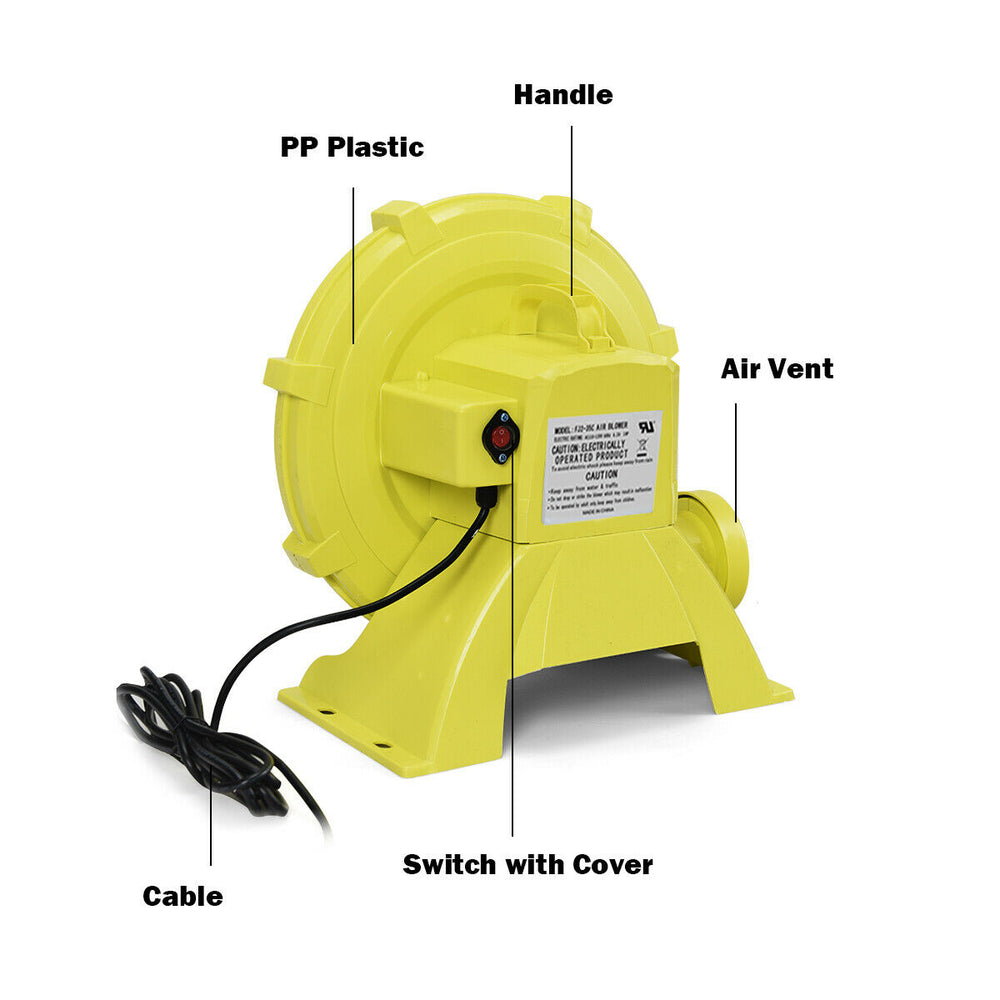 Yellow 735 W air blower pump fan with handle, switch cover, and air vent for inflatable bounce house inflation.