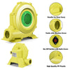 Yellow 735 W air blower pump fan with handle, mesh vents, and on/off switch, designed for inflatable bounce houses.