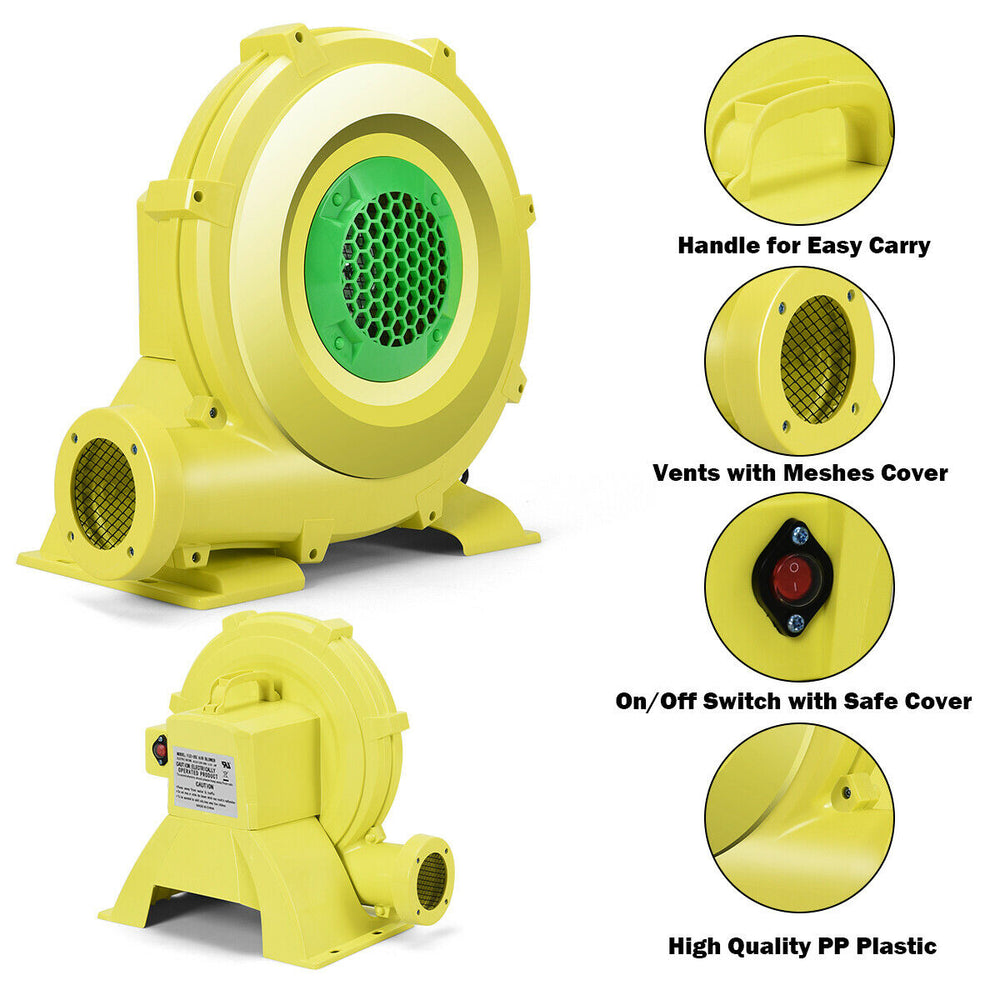 Yellow 735 W air blower pump fan with handle, mesh vents, and on/off switch, designed for inflatable bounce houses.