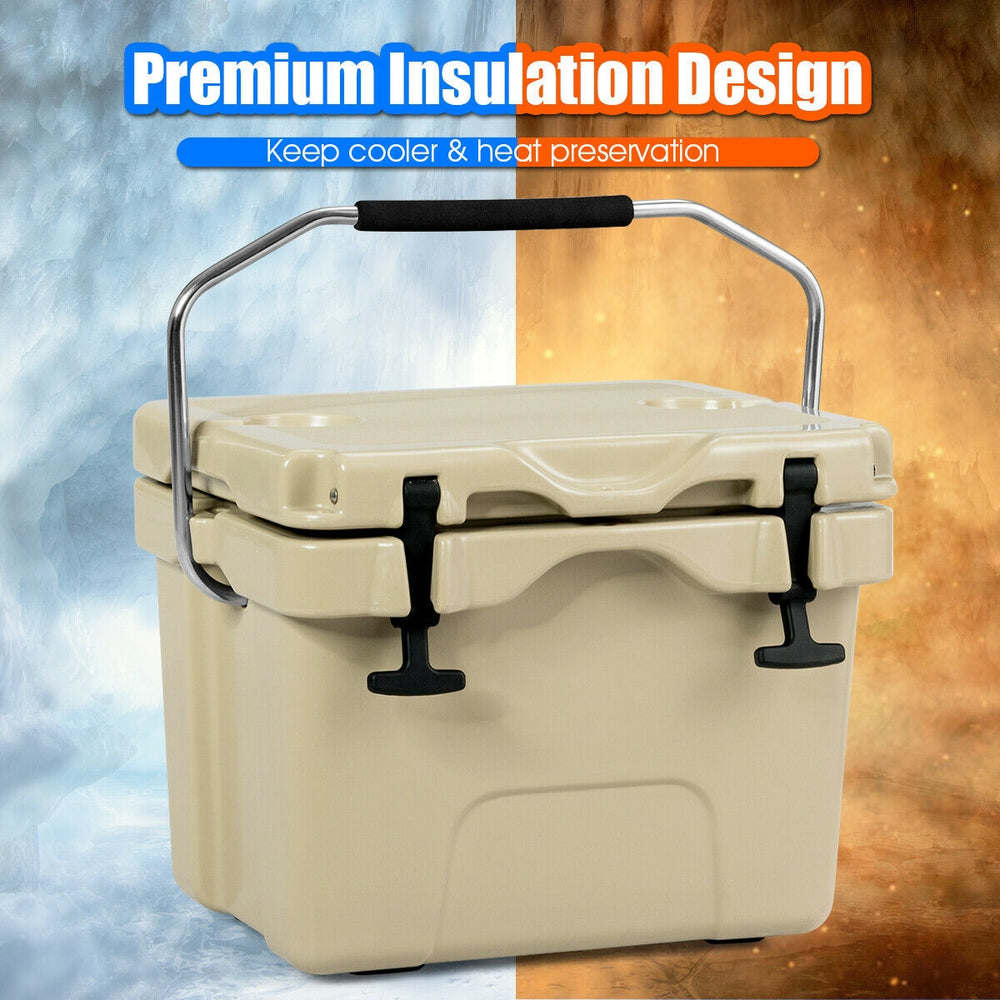 Insulated 16 Quart ice cooler in khaki with 2 cup holders, designed for outdoor activities and leak prevention.