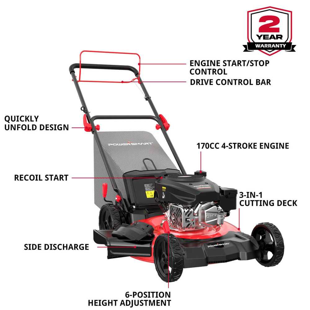 Powersmart V8621S 3-In-1 Lawn Mower 21" Self-Propelled 170cc Gas Engine Red New