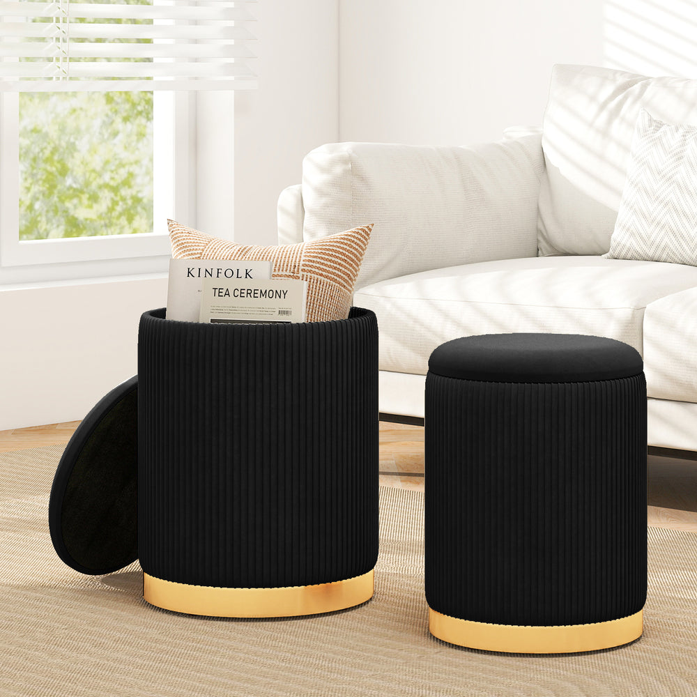 Velvet/Linen Fabric Storage Ottoman Set of 2-Black - Gallery View 1 of 10