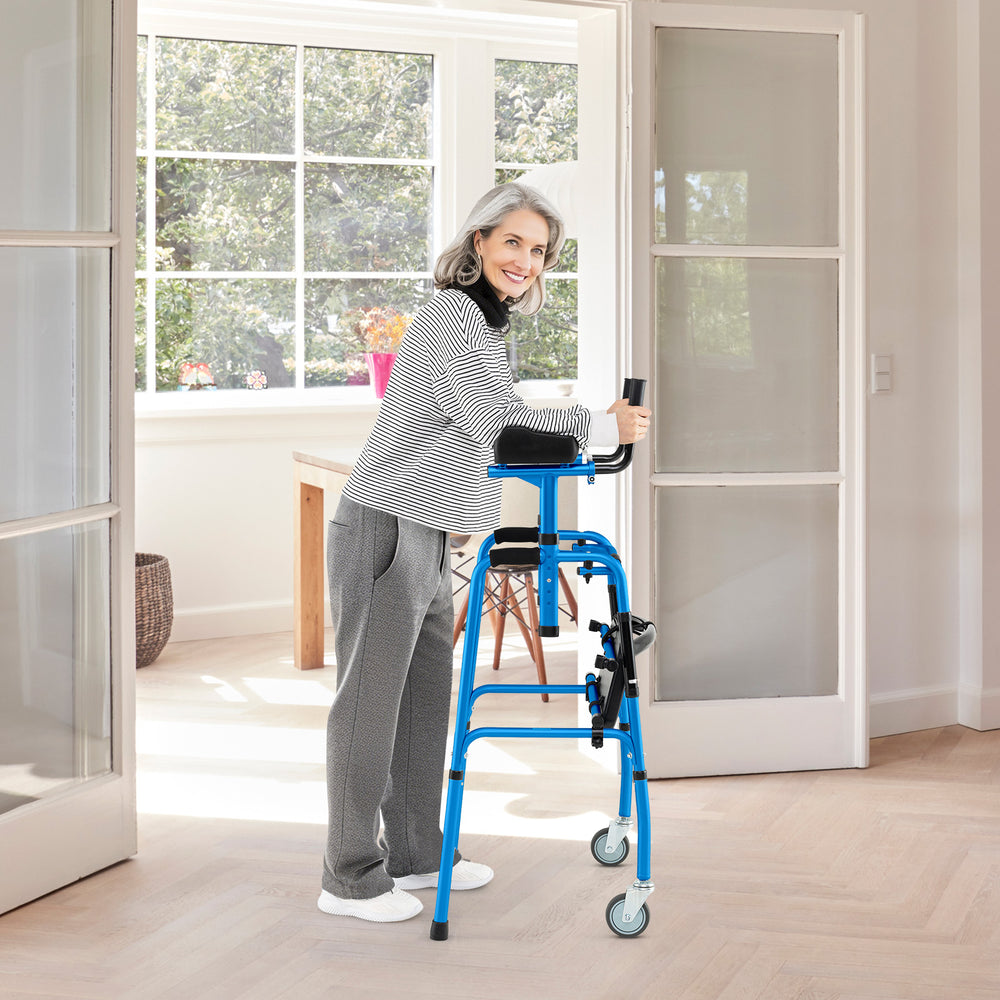 Versatile rolling walker in navy with adjustable armrests and padded seat, ideal for rehabilitation and outdoor use.