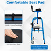 Soft-padded seat cushion with flip-up design on a navy versatile rolling walker for rehabilitation training.