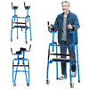 Versatile rolling walker in navy with adjustable height, padded seat, and ergonomic armrests for rehabilitation.