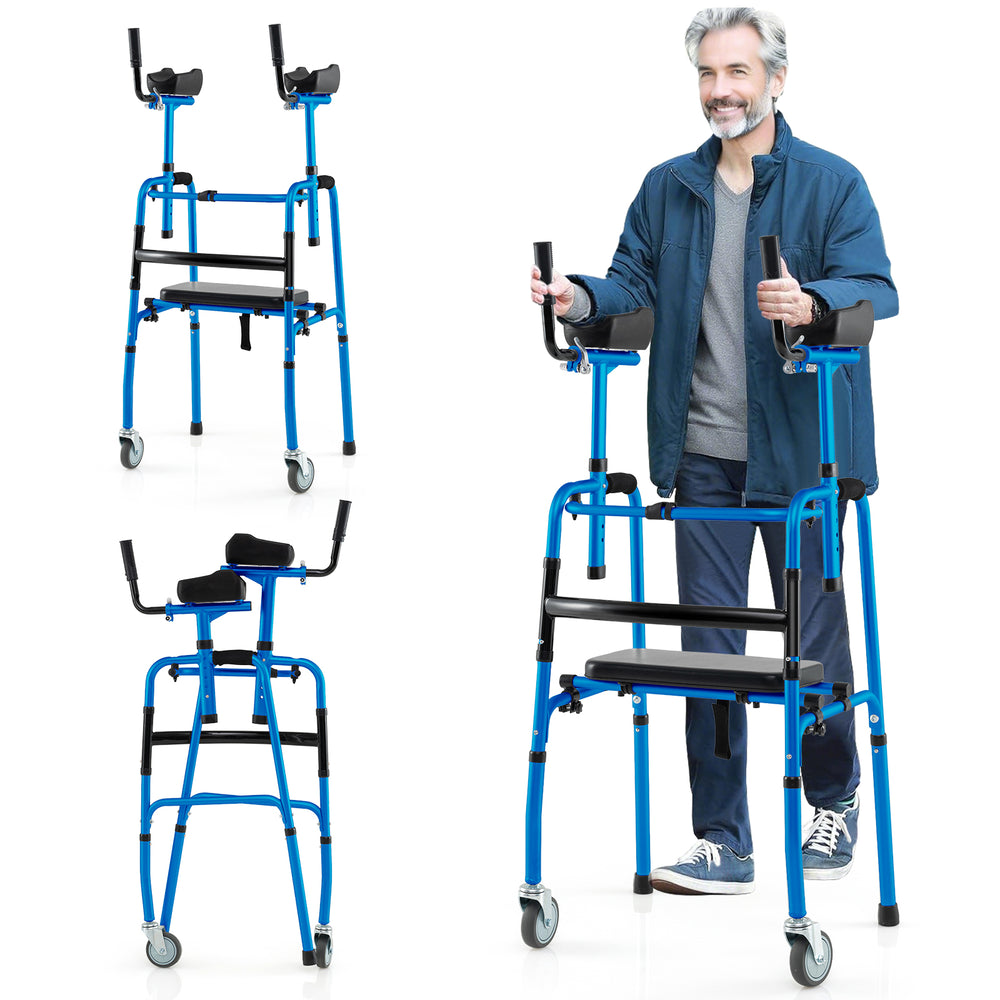 Versatile rolling walker in navy with adjustable height, padded seat, and ergonomic armrests for rehabilitation.