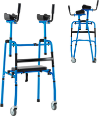 Versatile rolling walker in navy with adjustable armrests, foldable design, and padded seat for rehabilitation training.