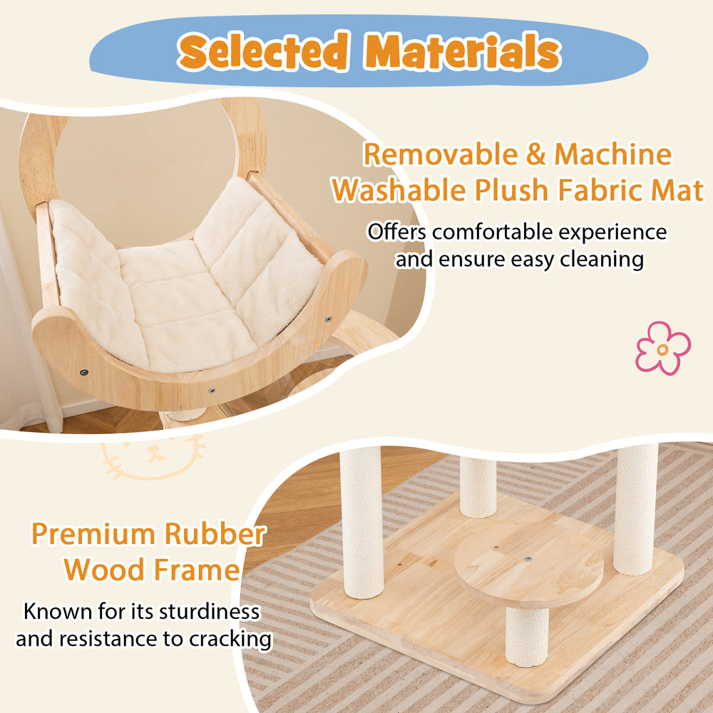 Removable plush fabric mat and premium rubber wood frame of the 4-in-1 large cat tower for indoor cats.