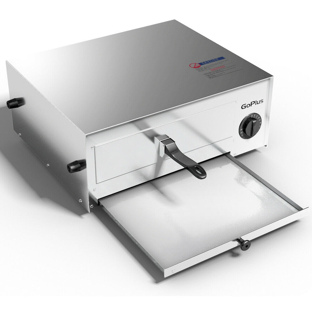 Stainless steel commercial pizza oven with removable crumb tray and built-in temperature control for easy cooking.
