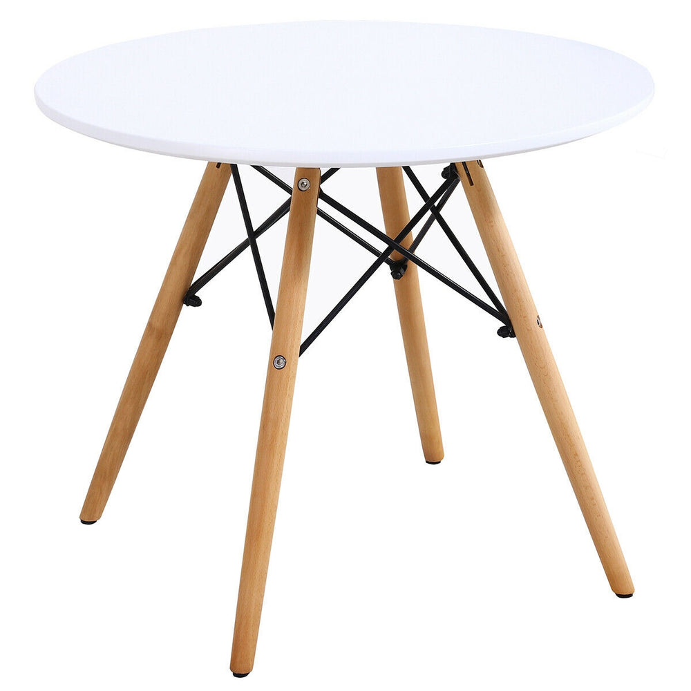Round children's table with wooden legs and iron frame, perfect for eating, drawing, and playing. Ideal for kids' rooms.