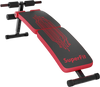 Adjustable red abdominal twister trainer bench for home or gym, targeting upper and lower abs, with foam rollers.