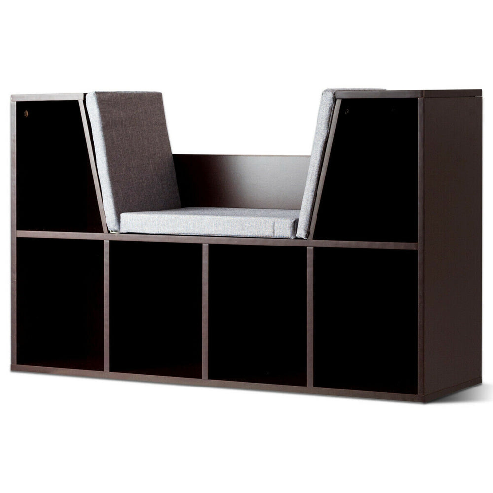 6-cubby kid storage bookcase with cushioned reading nook in brown, perfect for organizing books and toys.