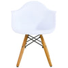 White ergonomic chair with wooden legs and iron frame, designed for kids' comfort and stability in a modern table set.